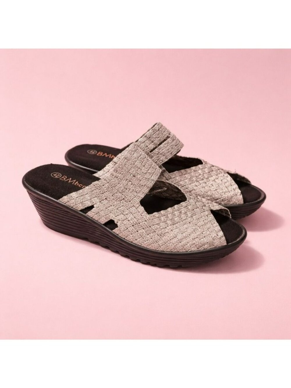 Bernie Mev Woven Elastic Upper Wedge Heel Open Toe Sandals Blush Shimmer10.5/42